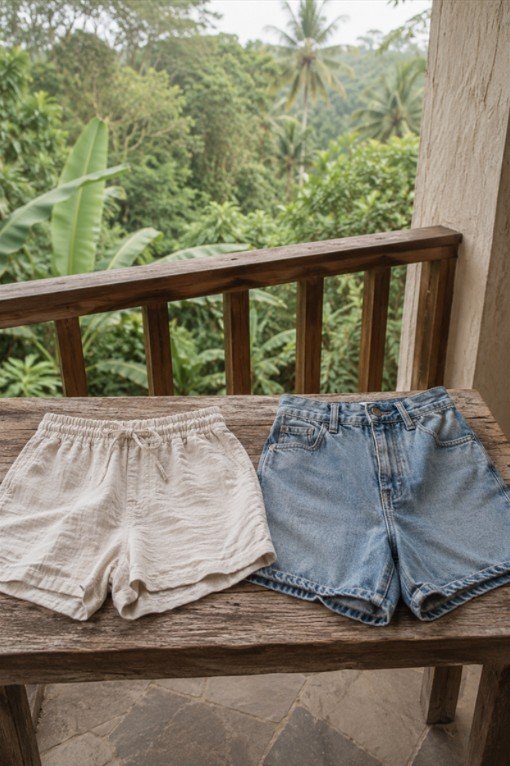 photo of a pair of linen shorts and a pair of denim shorts laid flat side by side on a wooden bench, set on a shaded villa balcony with jungle behind, with soft even overcast light showing the difference in weight and weave, plain and instructional mood, and details including the linen looking airy and open and the denim looking heavy and dense.