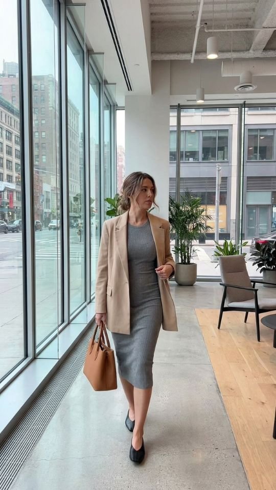 photo of a woman in a grey ribbed midi bodycon dress under an open longline beige blazer, walking through a bright modern office lobby, set beside floor to ceiling glass with a city street visible outside, with cool daylight from the windows, professional and relaxed mood, and details including flat pointed shoes, a structured tote, and the dress hem sitting at mid calf.