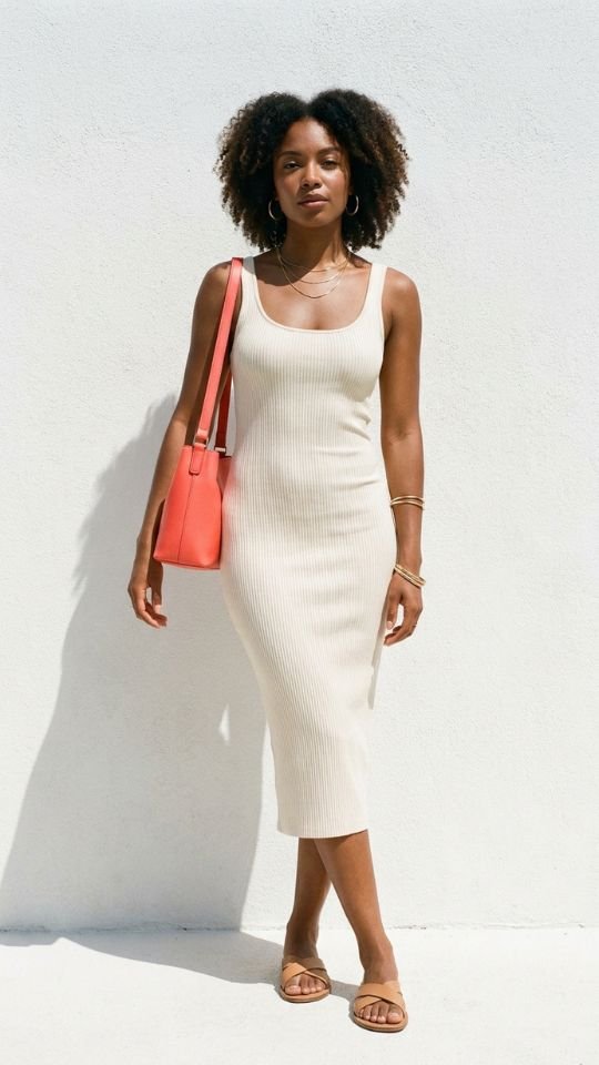 photo of a woman in a cream ribbed midi bodycon dress carrying a single bright coral shoulder bag, standing against a plain white stucco wall, with bright even summer light and a clean shadow behind her, confident and simple mood, and details including tan flat sandals, thin gold jewellery, and no other colour anywhere in the outfit.