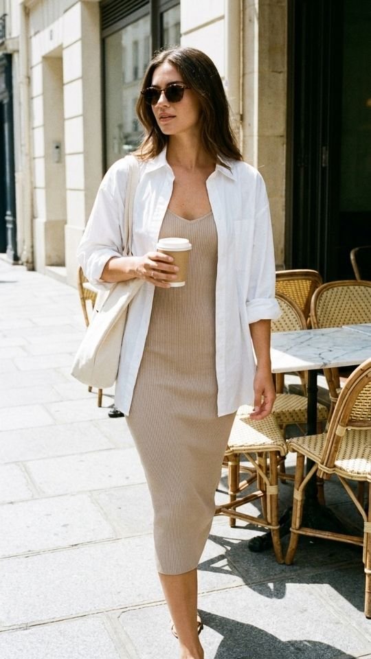 photo of a woman in a beige ribbed midi bodycon dress with an oversized white cotton shirt worn open over it, sleeves rolled to the elbow, walking past a cafe terrace, set on a bright paved city street with rattan chairs and a marble table behind her, with clear midday sun and sharp shadows, easy and unhurried mood, and details including sunglasses, a cream tote on her shoulder, and a coffee cup in one hand.