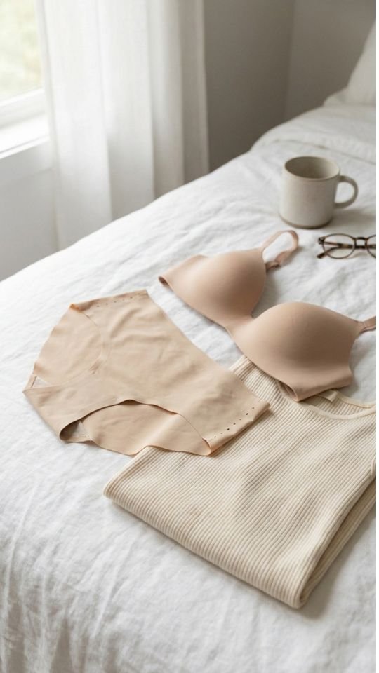 photo of a flat lay of seamless laser cut briefs and a smooth nude bra laid beside a folded cream ribbed knit dress, set on a white bed with soft linen texture, with soft diffused window light from the side, plain and practical mood, and details including the smooth edges of the underwear and the fine rib of the folded dress visible.