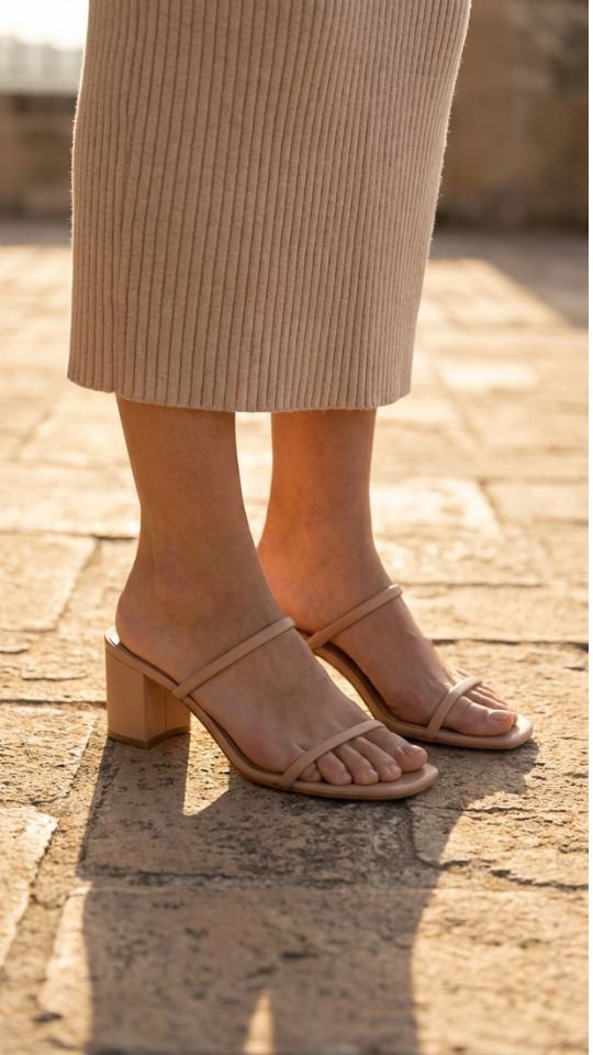 photo of a close crop from mid calf down showing thin strapped nude block heel sandals beneath the hem of a fitted knit dress, set on a warm stone terrace, with soft evening light and a long gentle shadow, focused and detail led mood, and details including a low vamp on the shoe and an unbroken line from leg to sandal.