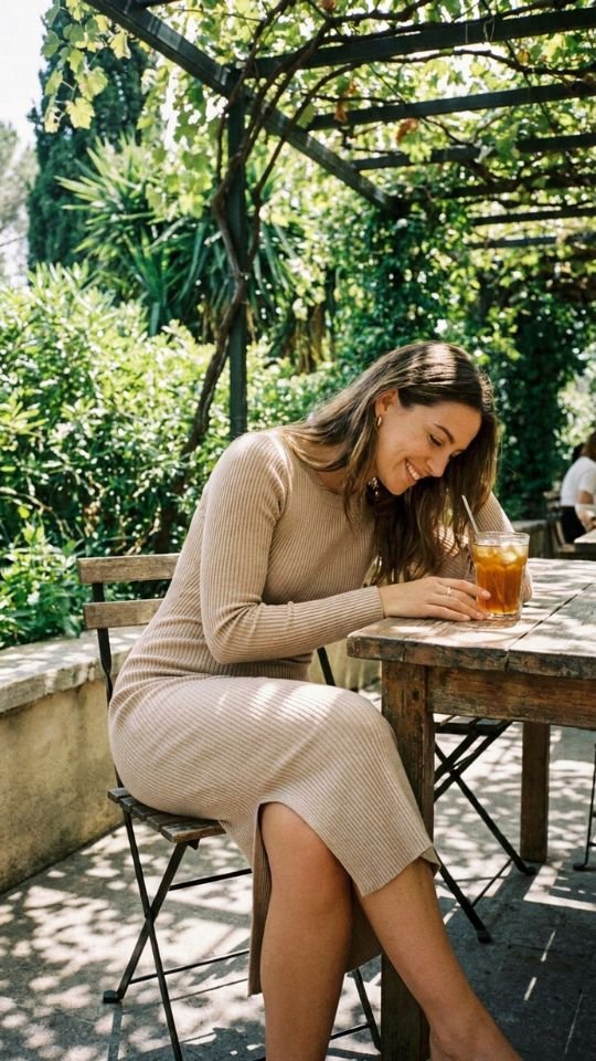 photo of a woman seated at an outdoor cafe table in a beige ribbed midi bodycon dress, legs crossed, leaning slightly forward toward a glass, set on a shaded terrace with greenery behind, with soft dappled daylight, relaxed and natural mood, and details including the dress hem sitting comfortably at the calf and one hand resting on the table.