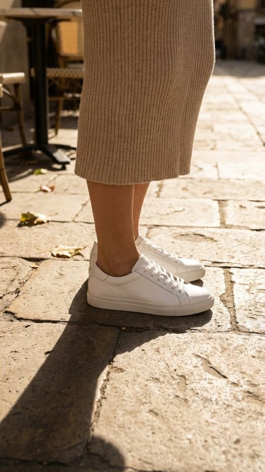 photo of a close crop from the knee down showing plain white low profile leather sneakers under the hem of a beige ribbed midi dress, set on a sunlit stone pavement outside a cafe, with strong directional daylight and a crisp shadow beside the foot, casual and grounded mood, and details including no visible socks and a clean uninterrupted line from hem to shoe.