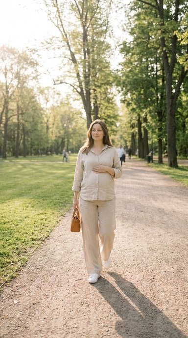 photo of a pregnant woman walking on a gravel park path in a beige wide leg trouser set with plain low profile white leather sneakers, set among tall trees and mown grass at a morning outdoor gathering, with soft early daylight and long gentle shadows, easy and mobile mood, and details including a small structured bag and no visible socks.