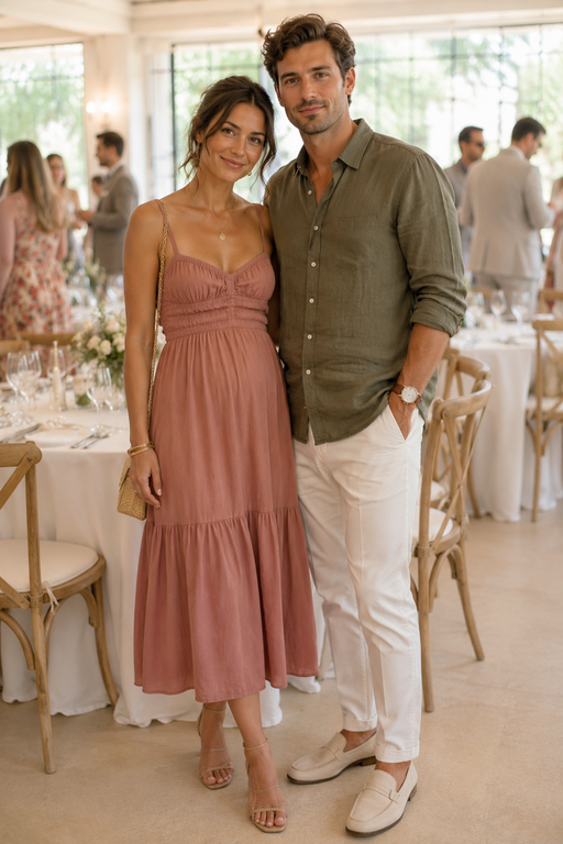 photo of a couple standing together at a summer party, the woman in a dusty rose midi dress and the man in an olive linen button down with white trousers, set in a bright reception room with round tables and guests blurred behind, with warm natural window light, friendly and understated mood, and details including nude sandals, cream loafers, and a slim leather watch.