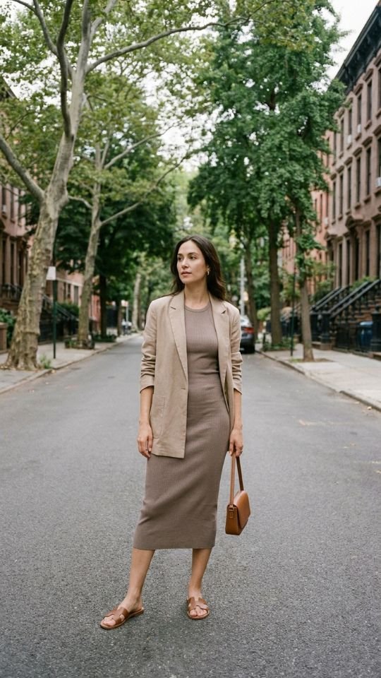 photo of a woman in a taupe ribbed midi bodycon dress with a soft unstructured beige blazer hanging open and reaching mid thigh, standing on a quiet residential street lined with trees, with soft overcast daylight, calm and considered mood, and details including a small structured bag held in the hand and flat leather sandals.