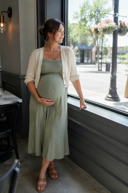 photo of a pregnant woman in a sage midi dress with a fine knit cream cropped cardigan worn open over it, sleeves rolled to the elbow, set indoors near a restaurant window with a summer street visible outside, with cool interior light contrasted against bright glare through the glass, practical and comfortable mood, and details including the cardigan hem ending above the waist seam.