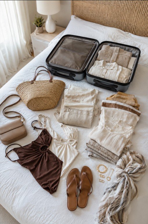 photo of a flat lay of neutral linen pieces, two swimsuits, a sarong, sandals, a straw bag and a crossbody arranged neatly on a white bed beside an open carry on suitcase, set in a bright airy room with a woven headboard, with soft natural window light from the side, organised and satisfying mood, and details including folded fabric and a small stack of gold jewellery.