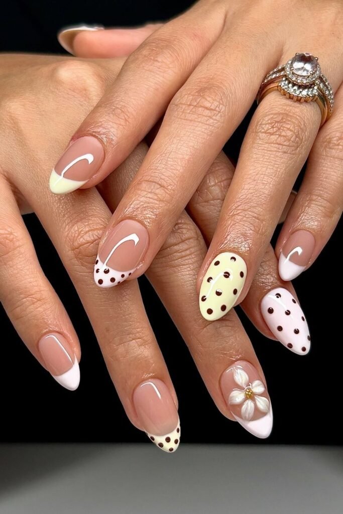 A Butter Yellow and Brown Dot French for a Playful Warm Weather Set
