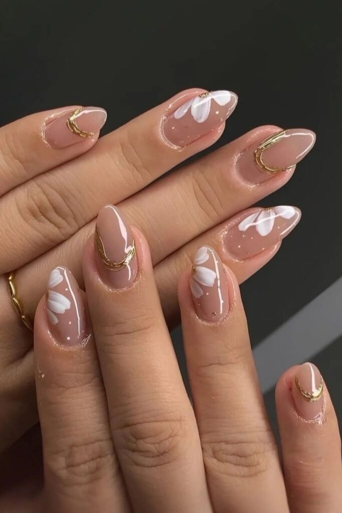 Abstract White Florals with Gold Cuticle Cuffs