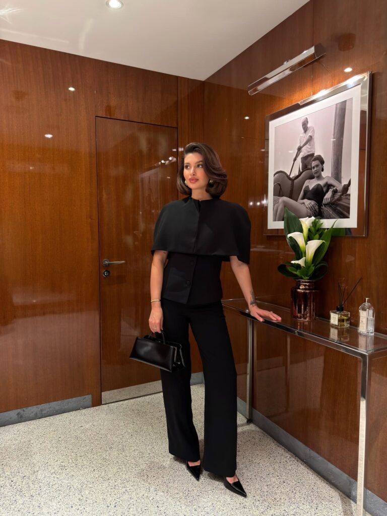 All Black Capelet Top With Wide Leg Trousers