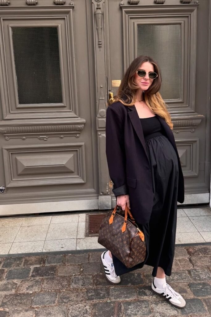 All Black Cotton Maxi Under an Oversized Blazer