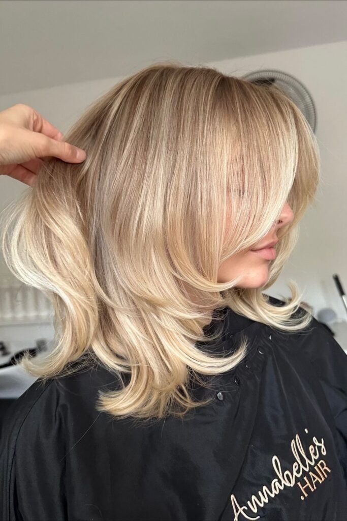 All-Over Warm Blonde on a Layered Medium Length