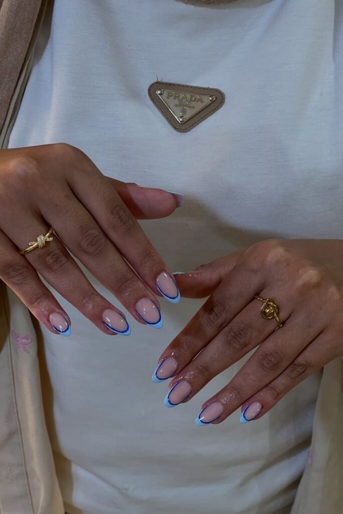 Baby Blue French Tips With a Navy Border Give the Classic French a Fresh Colour Twist