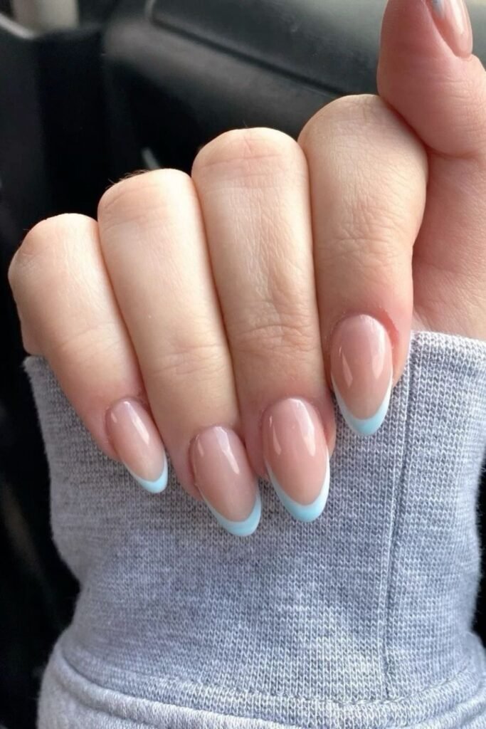 Baby Blue French Tips on Almond Nails_goldennalis.jo