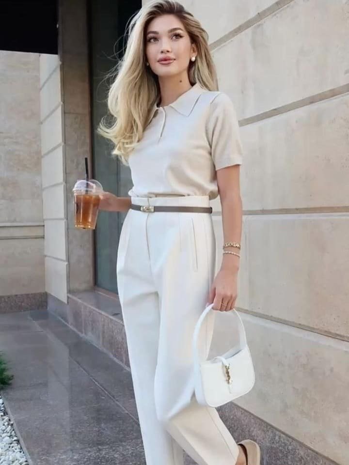 Beige Polo Knit With High-Waisted White Trousers