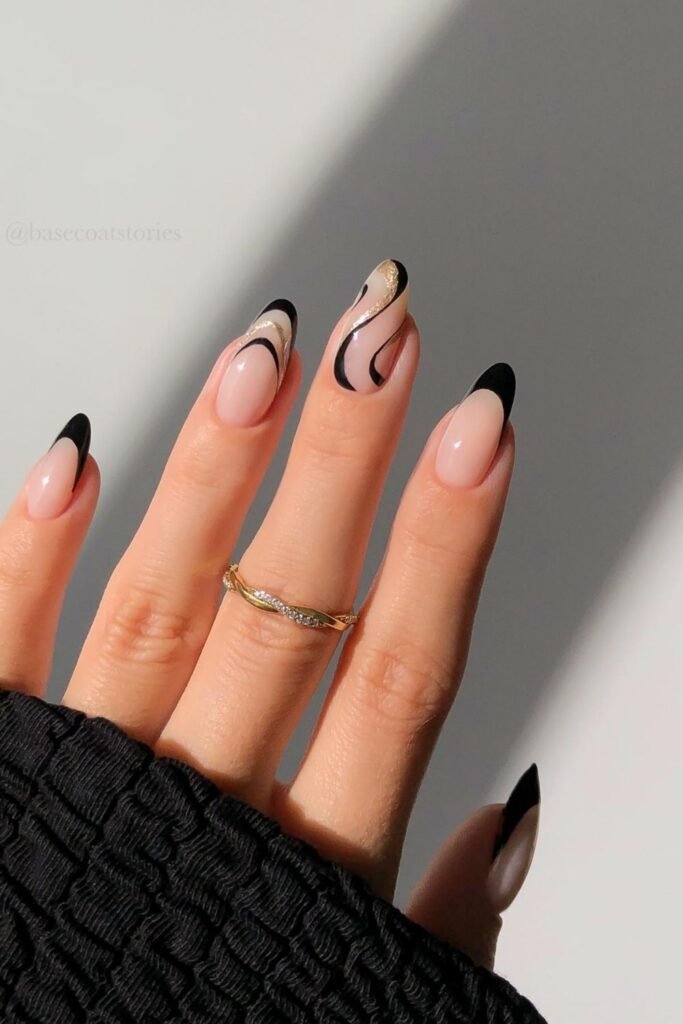 Black French Tips With Gold Swirl Accents