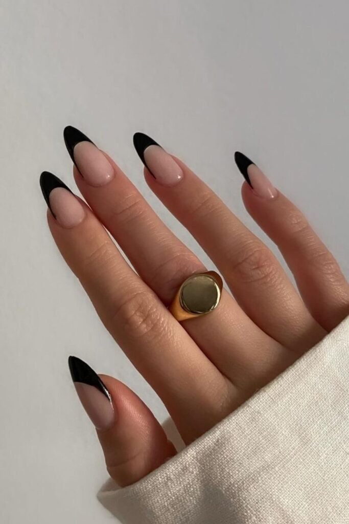 Black French Tips on Long Almond Nails