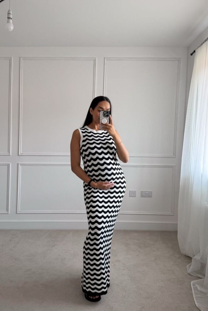 Black and White Wave Knit Column Dress