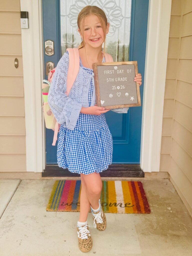Blue Gingham Dress With a Soft Knit Cardigan