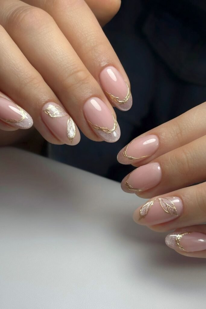 Blush Pink French Nails With Gold Leaf Details