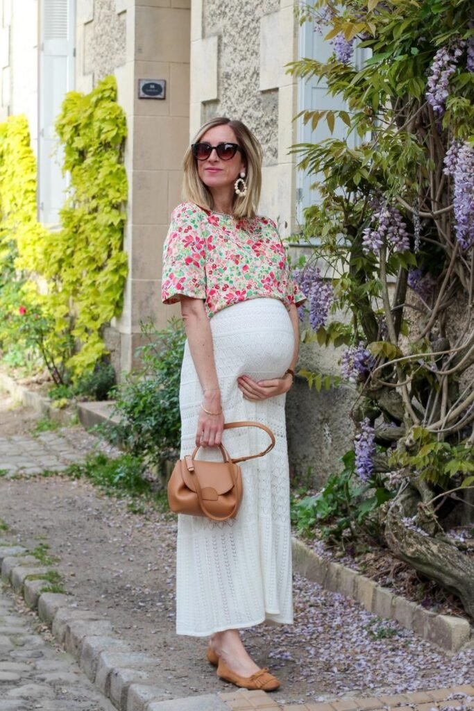 Bright Floral Boxy Top Over a White Pointelle Skirt