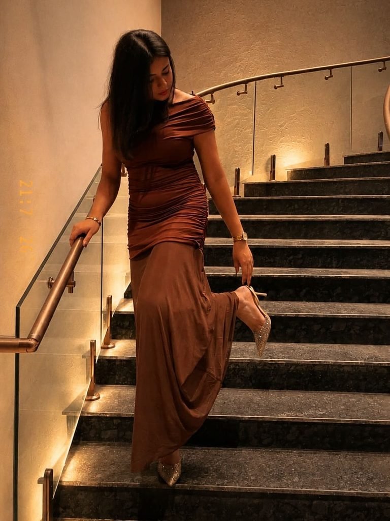 Bronze Satin Ruched Gown With Glitter Heels