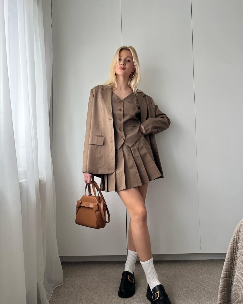 Brown Matching Set With a Pleated Skirt