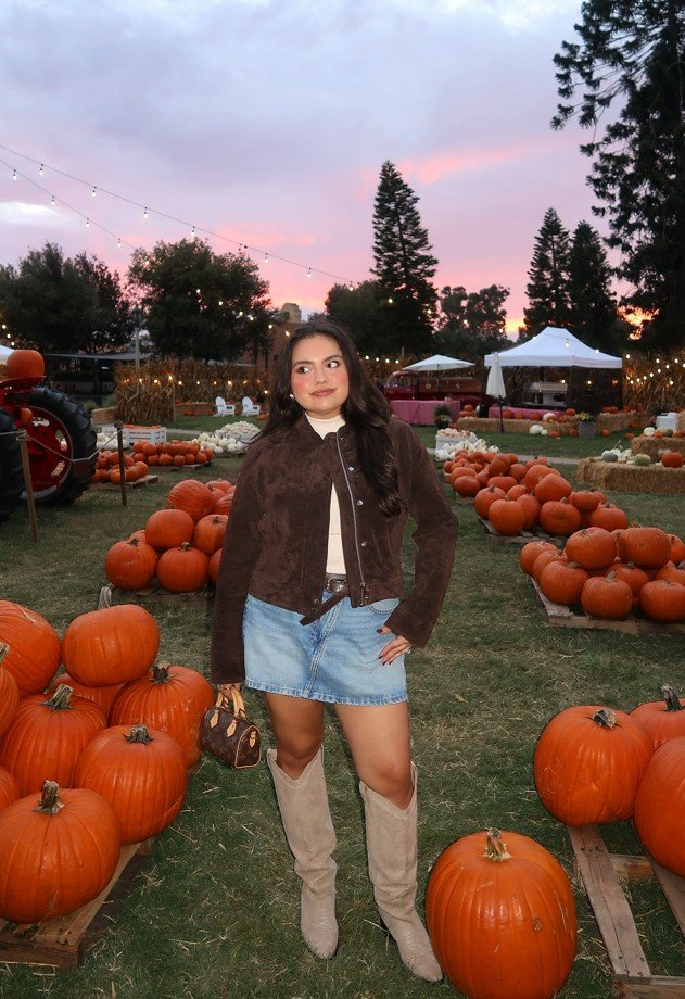 Brown Suede Jacket, Cream Turtleneck and a Denim Mini