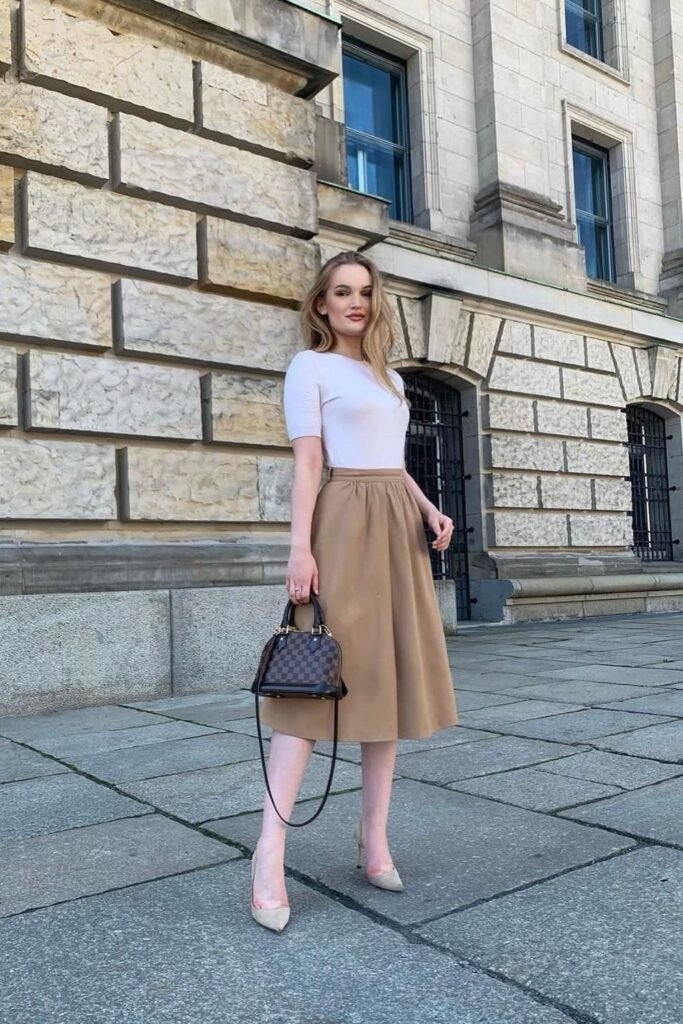 Camel Midi Skirt and a Fitted White Top for Daytime