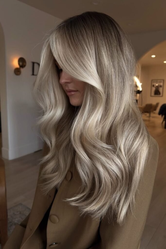 Champagne Blonde With Curtain Bangs