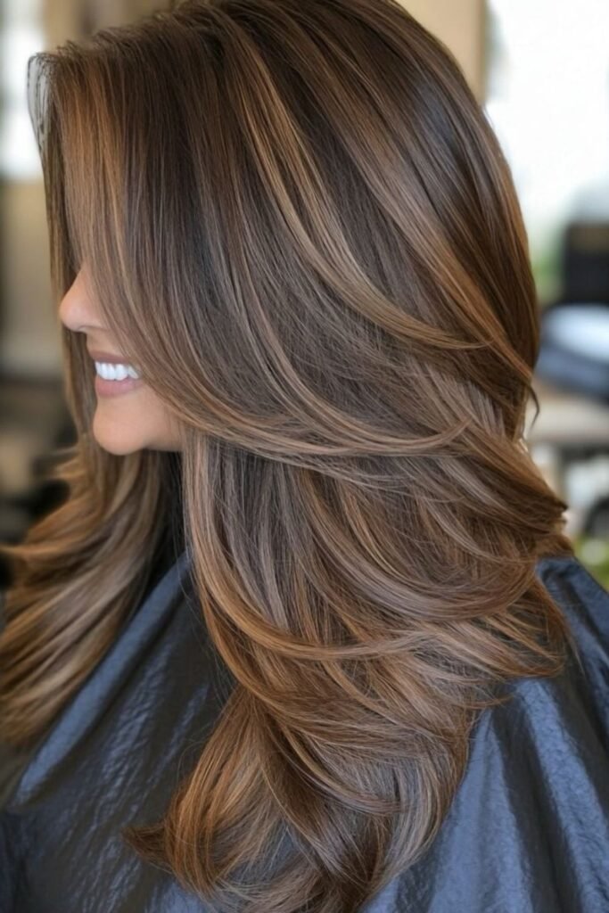 Chestnut Balayage Built Around Long Layers