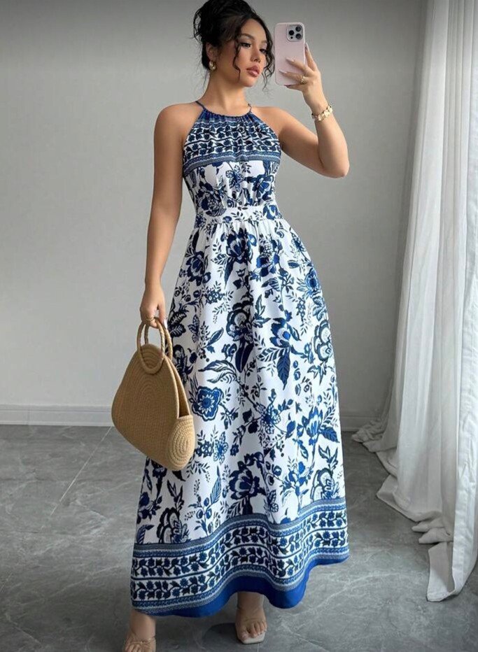 Chinoiserie Print Halter With a Border Hem