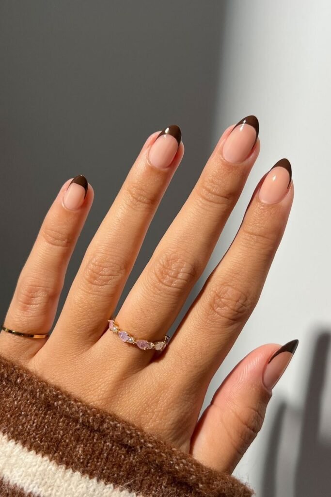 Chocolate Brown Tips on Almond Nails_samrosenails