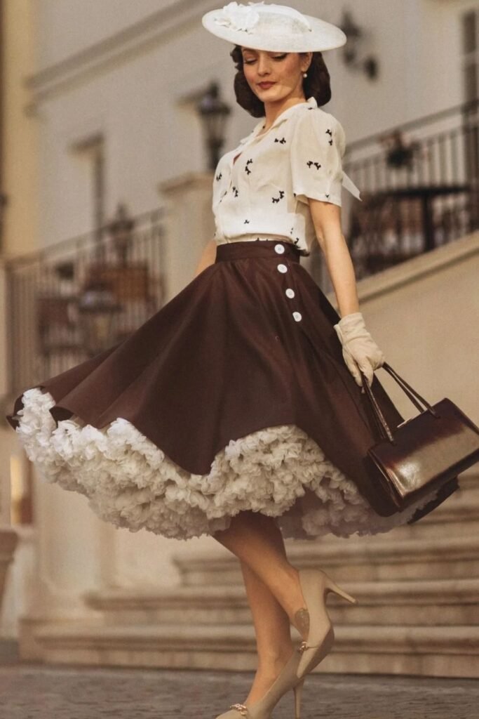Chocolate Circle Skirt With a Novelty Print Blouse