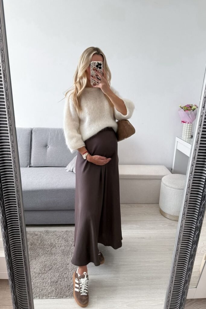 Chocolate Satin Maxi Skirt With a Fluffy Cream Knit