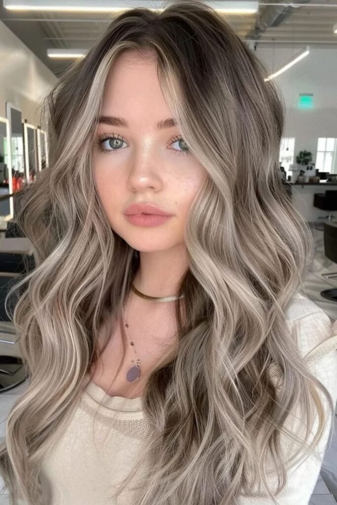 Cool Ash Blonde With Dark Roots and Lots of Volume