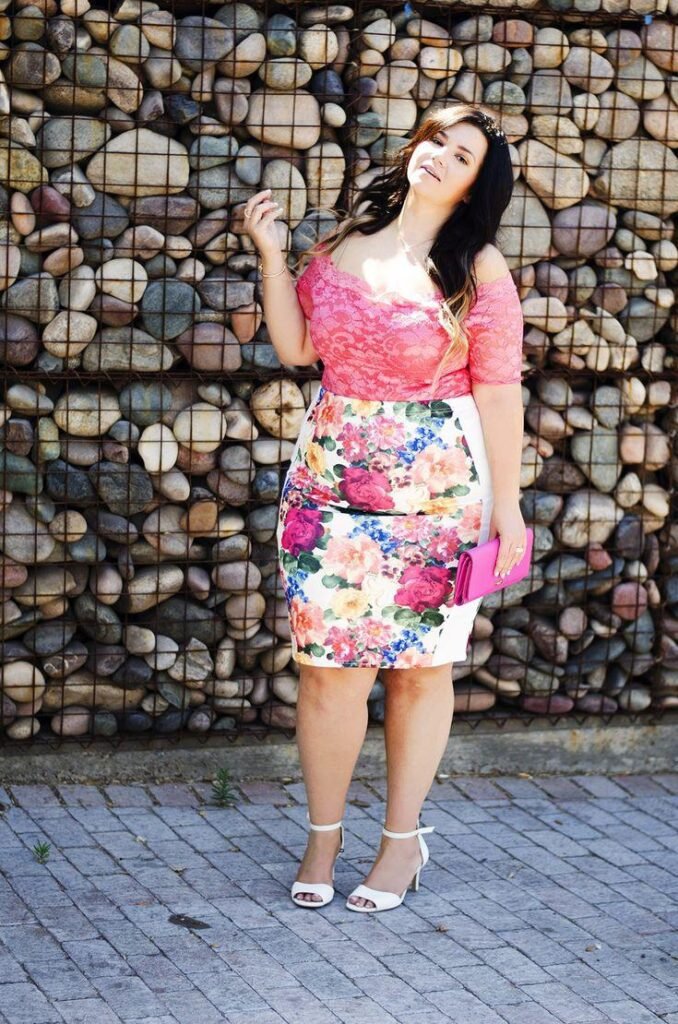 Coral Lace Off Shoulder Top With a Floral Pencil Skirt