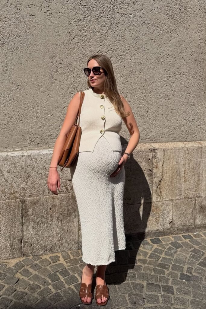 Cream Knit Vest and Matching Textured Midi Skirt