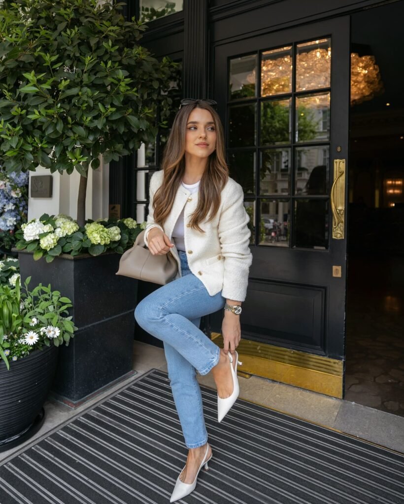 Cream Tweed Jacket, White Tee, and Light Jeans