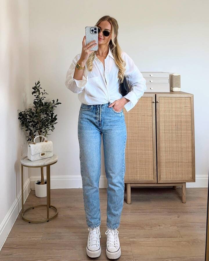 Crisp White Shirt With Light Wash Mom Jeans
