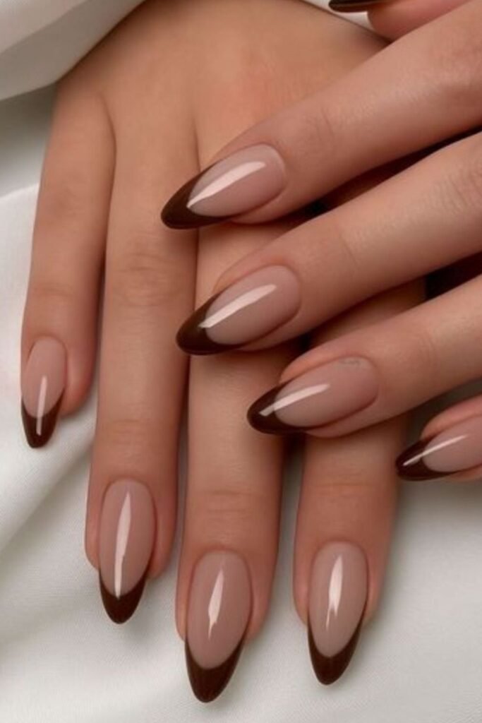 Deep Espresso Brown Tips on Long Almond Nails_
