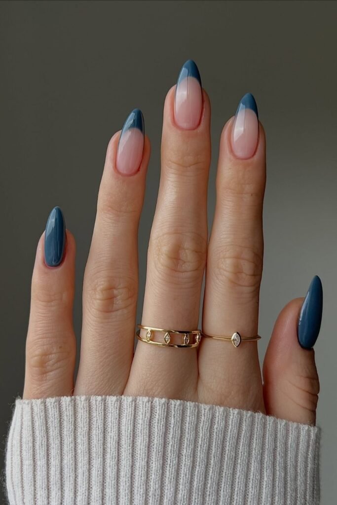 Dusty Blue French Tips With a Solid-and-Sheer Mix