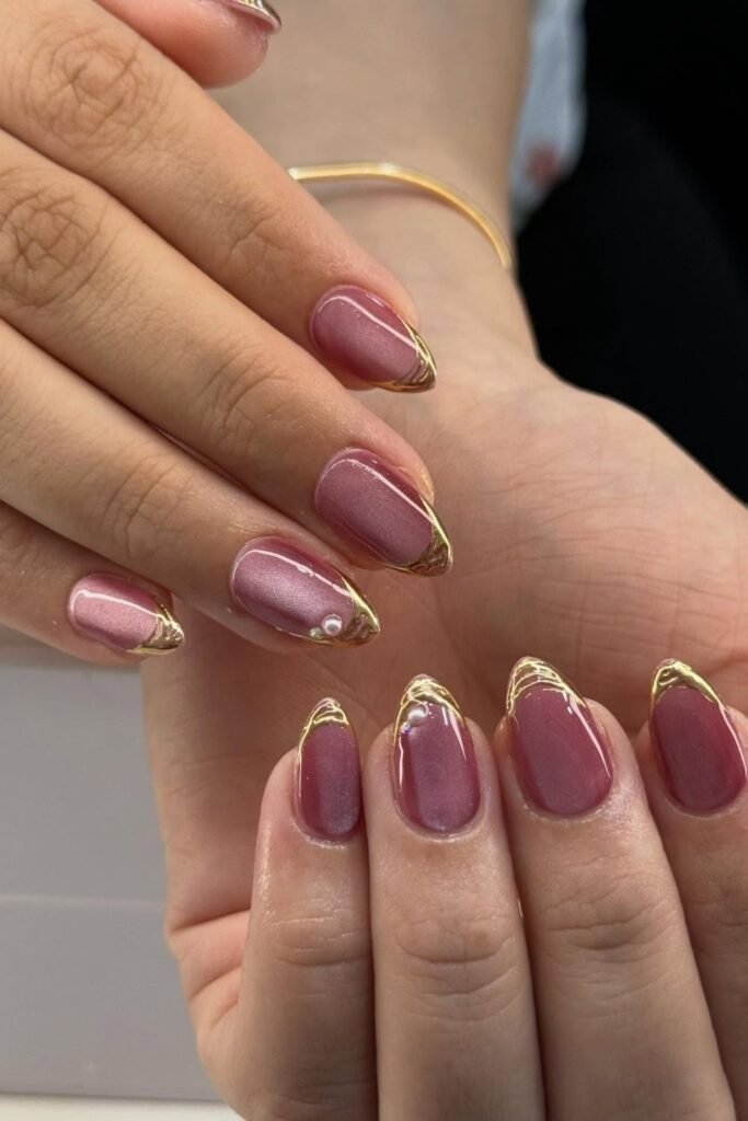 Dusty Rose Nails With Sculpted Gold Tips