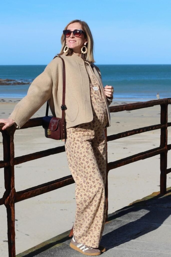Floral Overalls Under a Cropped Camel Jacket