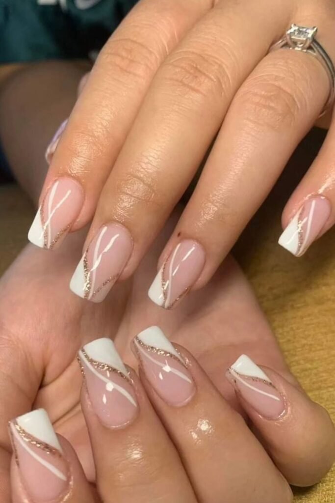Geometric White Tips with Rose Gold Glitter Swirls