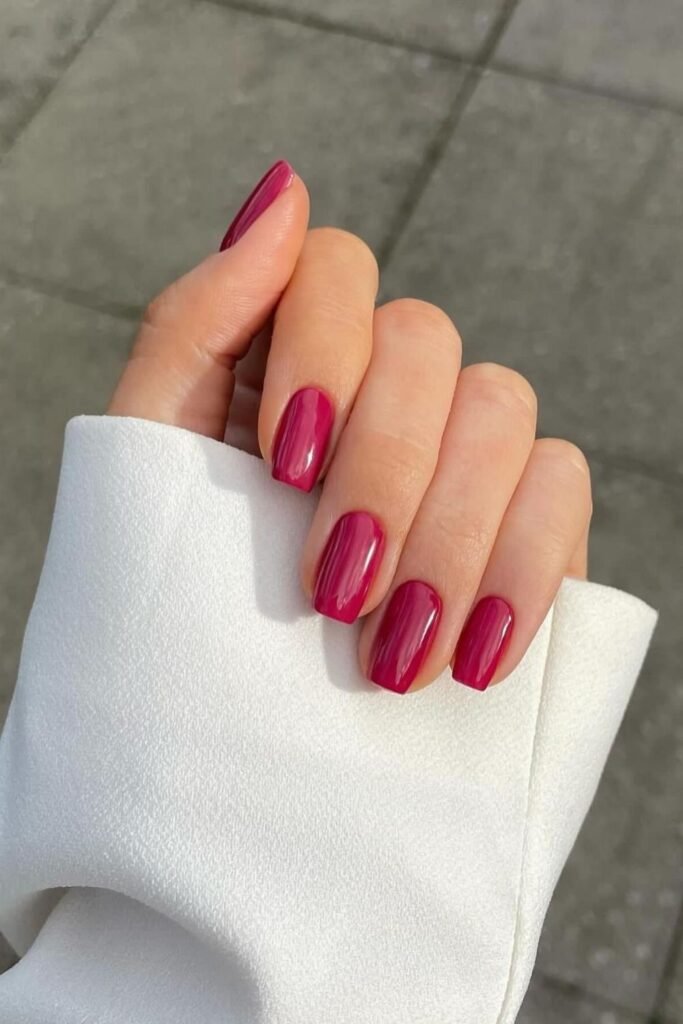 Glossy Raspberry Square Nails, No Art at All
