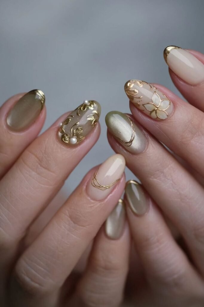 Gold Foil Detail Over Sheer Almond Nails