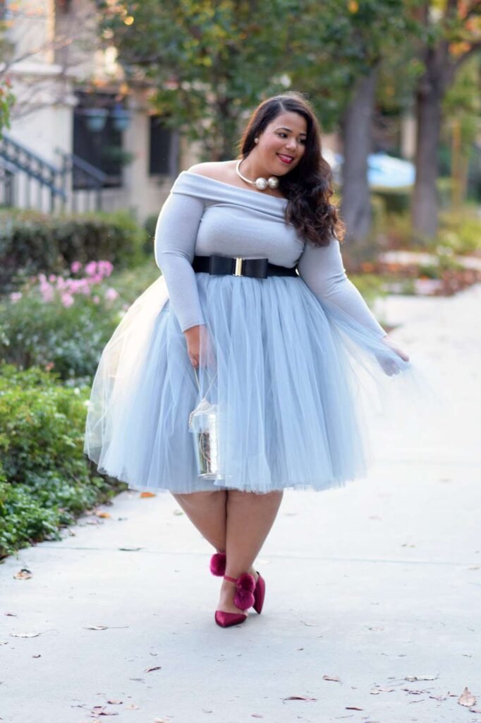Grey Off Shoulder Knit With a Powder Blue Tulle Skirt